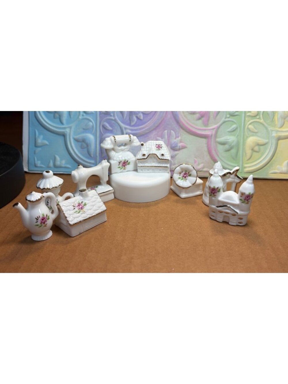 9pc White Ceramic Miniatures Set Pink Rose Accents & Gold Trim U69a